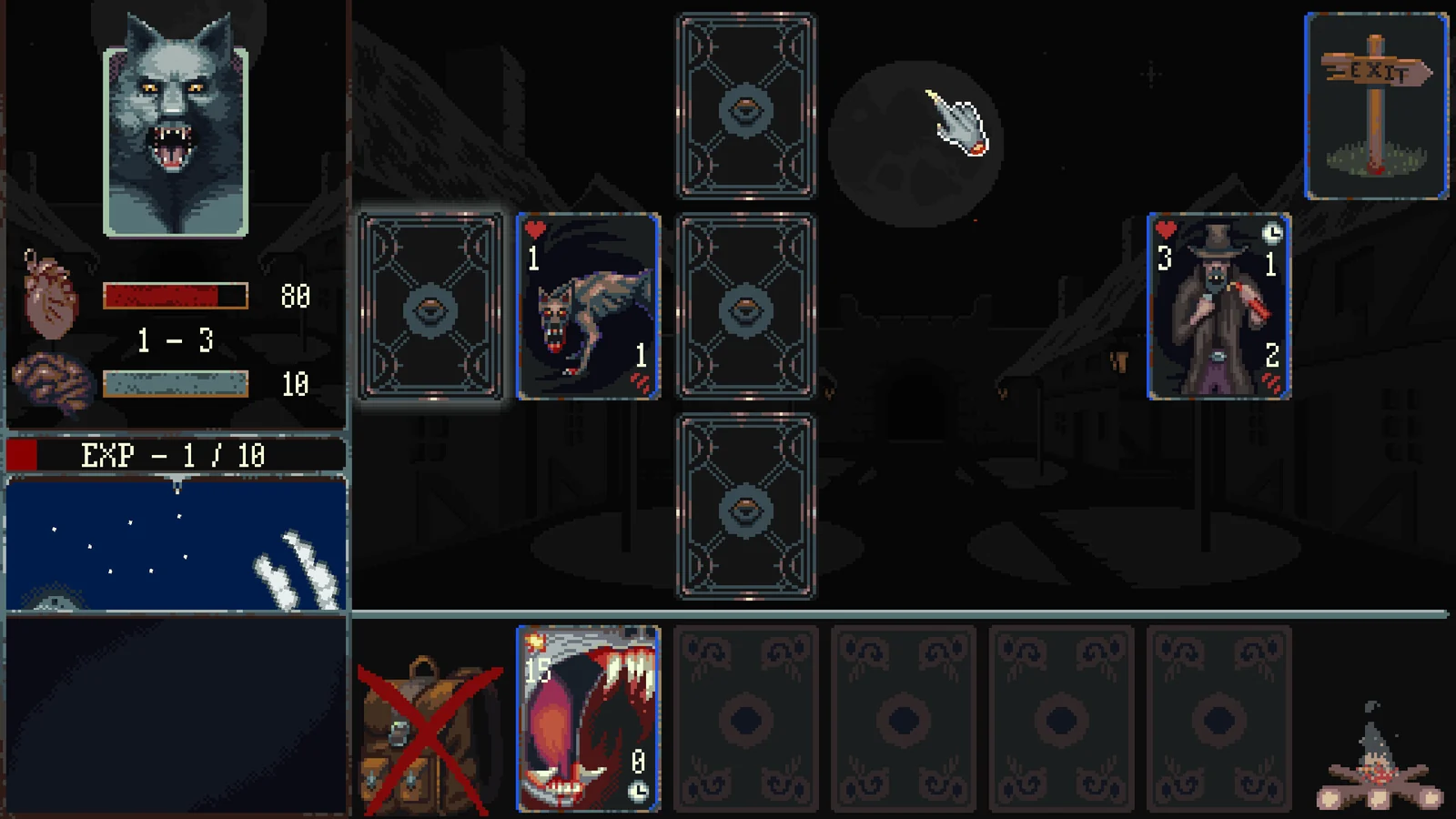Schermata delle carte e battaglie notturne da lupo mannaro in Cards after Midnight