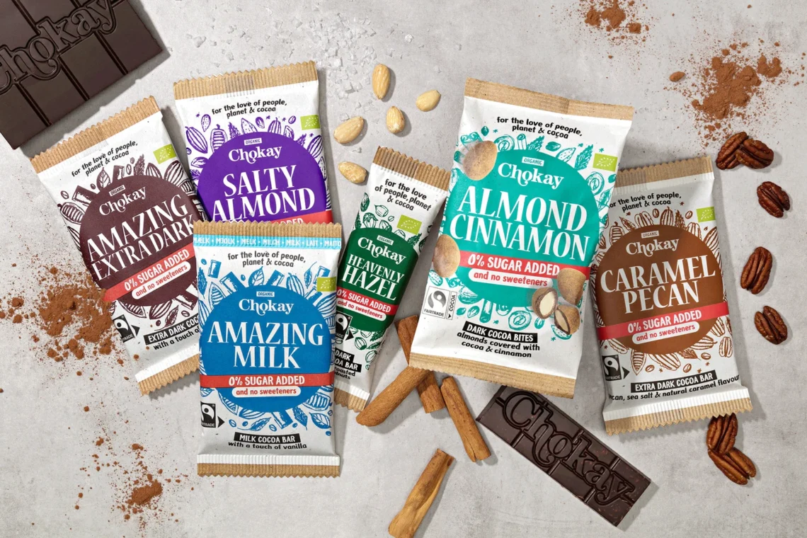 Assortimento tavolette e snack di cioccolato belga Chokay senza zuccheri aggiunti