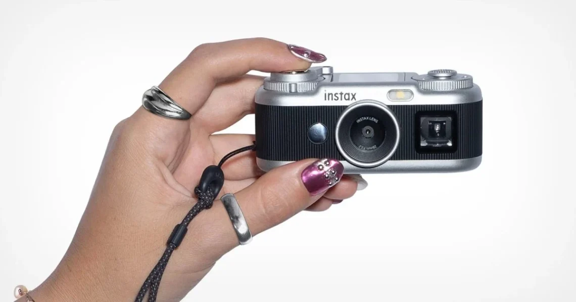 Fujifilm instax Pal 2 fotocamera digitale tascabile vista frontale e superiore con mirino ottico e display LCD