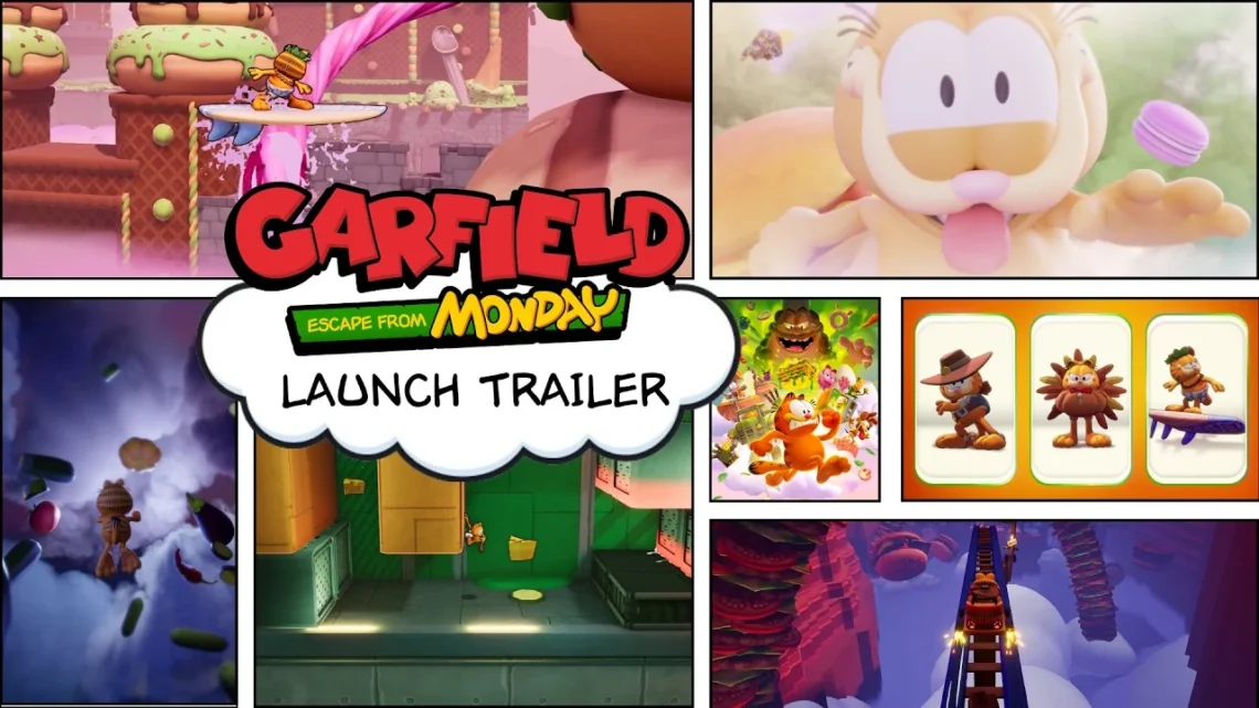 Artwork ufficiale di lancio di Garfield Escape from Monday con Garfield e i suoi costumi speciali