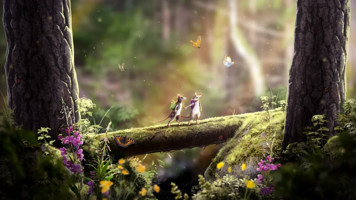 Artwork ufficiale di Hela of Mice & Magic con il topolino protagonista e lo scenario incantato della foresta scandinava