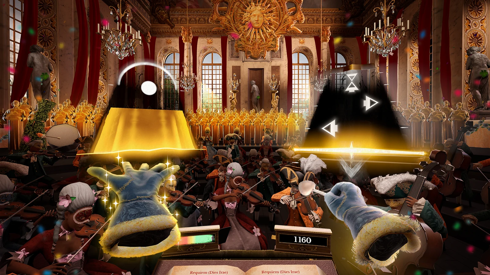 Screenshot in-game di Maestro ambientato nella sfarzosa sala concerti di Versailles con la bacchetta da direttore in primo piano
