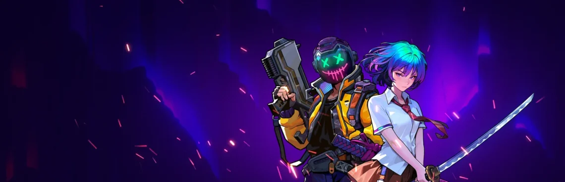 Artwork ufficiale di Neon Abyss 2 con gli Agenti armati e l'esplosione di luci al neon nell'Abisso cibernetico