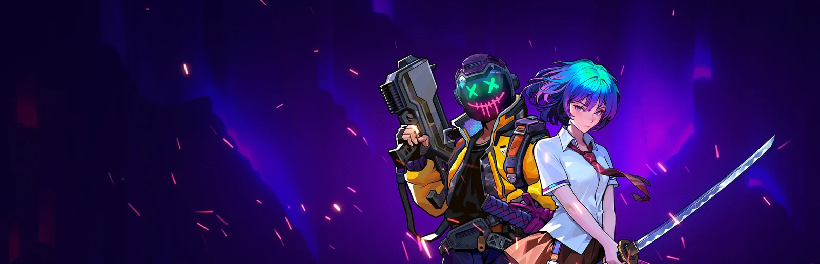 Artwork ufficiale di Neon Abyss 2 con gli Agenti armati e l'esplosione di luci al neon nell'Abisso cibernetico