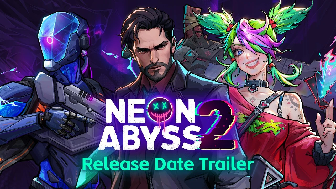 Banner ufficiale del trailer di lancio di Neon Abyss 2 con il logo del gioco e la data dell'8 ottobre