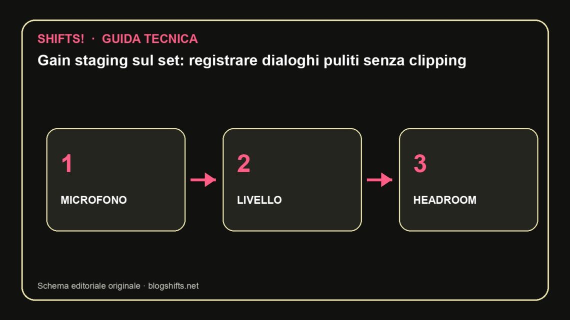 Schema tecnico: Gain staging sul set: registrare dialoghi puliti senza clipping
