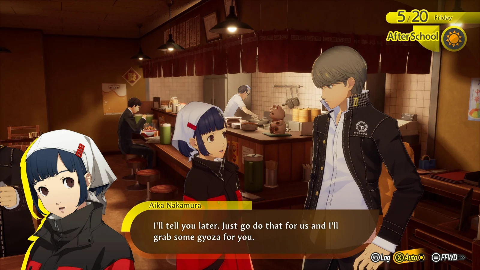 Schermata in-game con Aika Nakamura che dialoga con il protagonista per strada a Inaba