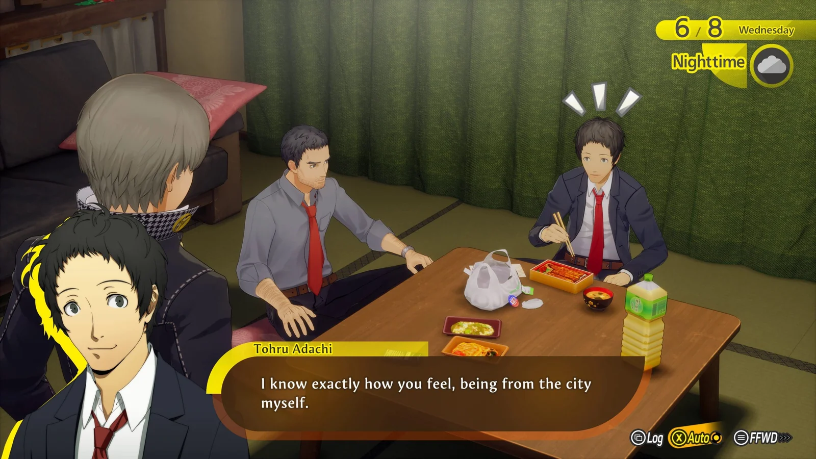 Primo piano ravvicinato del detective Tohru Adachi con la sua caratteristica espressione sorniona