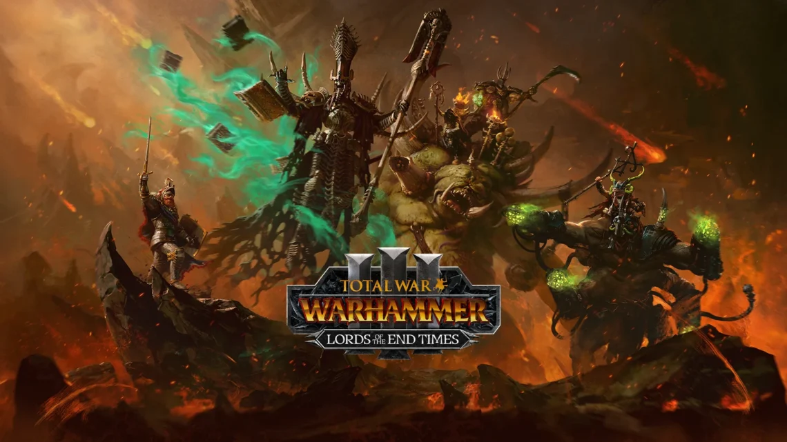 Artwork ufficiale del DLC Total War: WARHAMMER III Lords of the End Times con Nagash, Thanquol, i Glottkin e Boris Todbringer