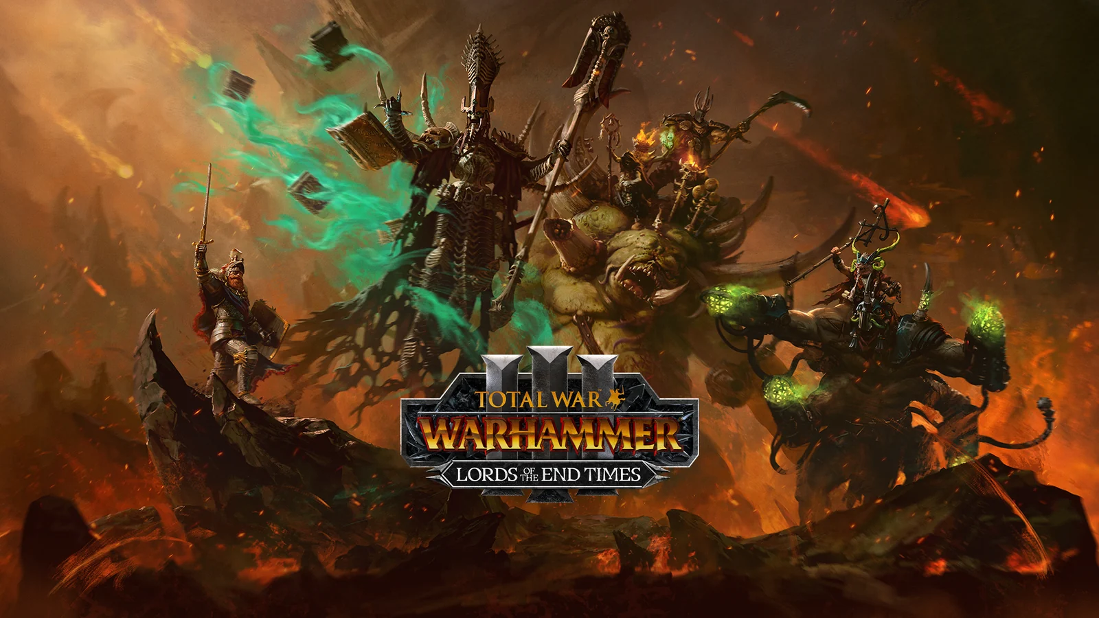 Artwork ufficiale del DLC Total War: WARHAMMER III Lords of the End Times con Nagash, Thanquol, i Glottkin e Boris Todbringer