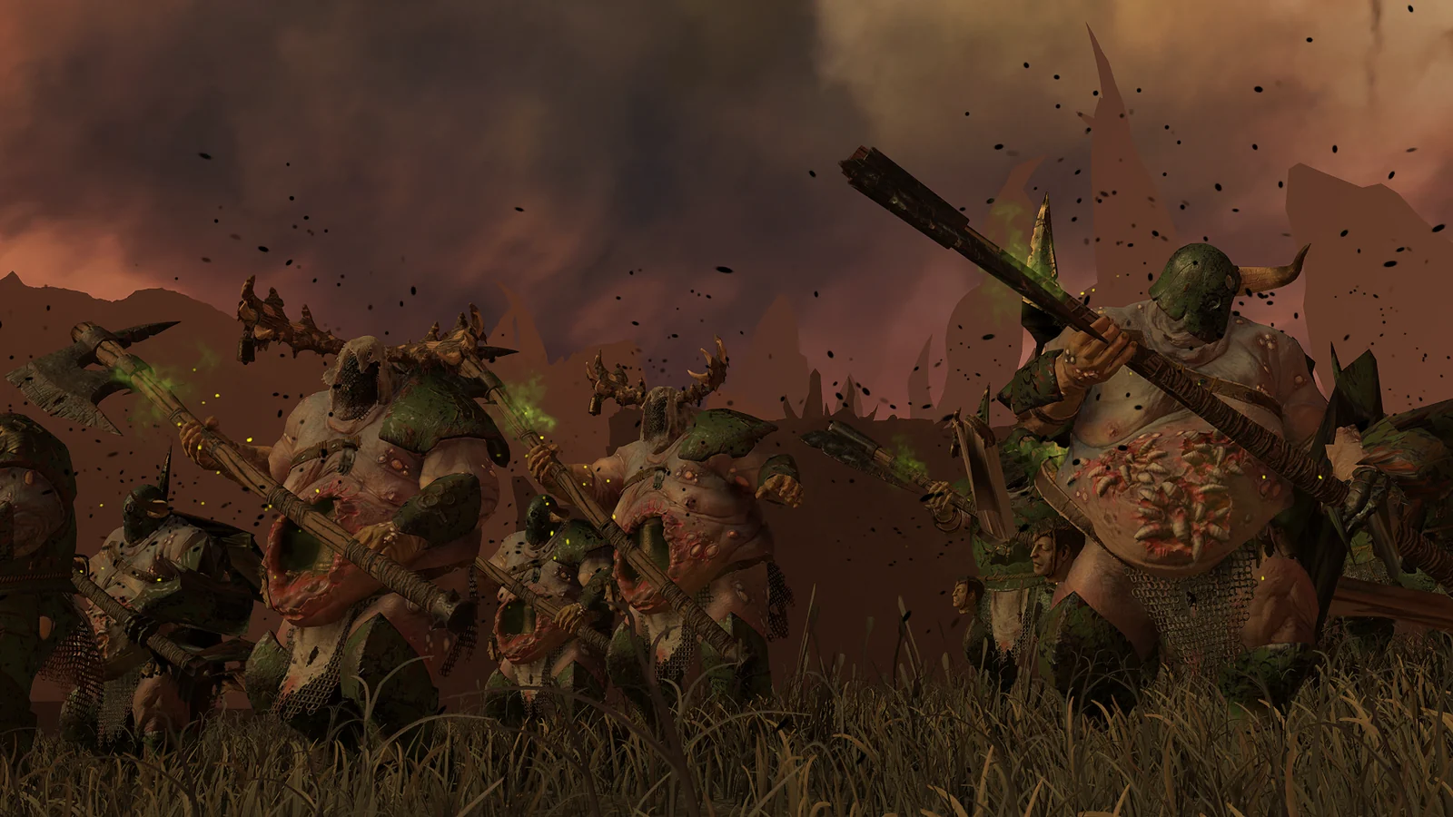 I Putridi Sovrani del Contagio di Nurgle armati di grandi asce in Total War: WARHAMMER III