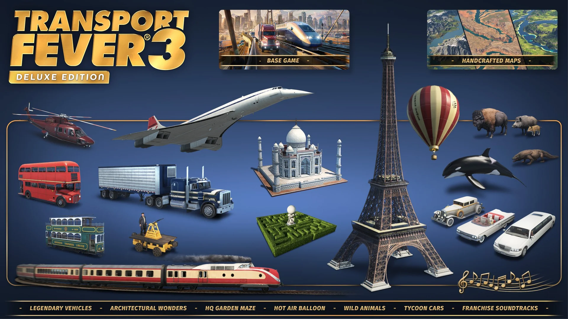 Infografica comparativa dei contenuti delle edizioni Standard, Deluxe e Collector di Transport Fever 3