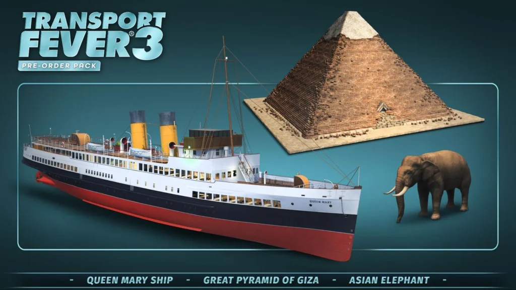 Key Art ufficiale di Transport Fever 3 che mostra treni moderni, navi mercantili, aerei ed elicotteri nel mondo di gioco
