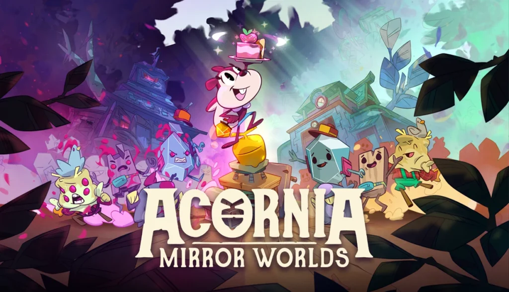Key Art ufficiale di Acornia: Mirror Worlds con la scoiattolina Alva, i suoi dolci e i due mondi a specchio