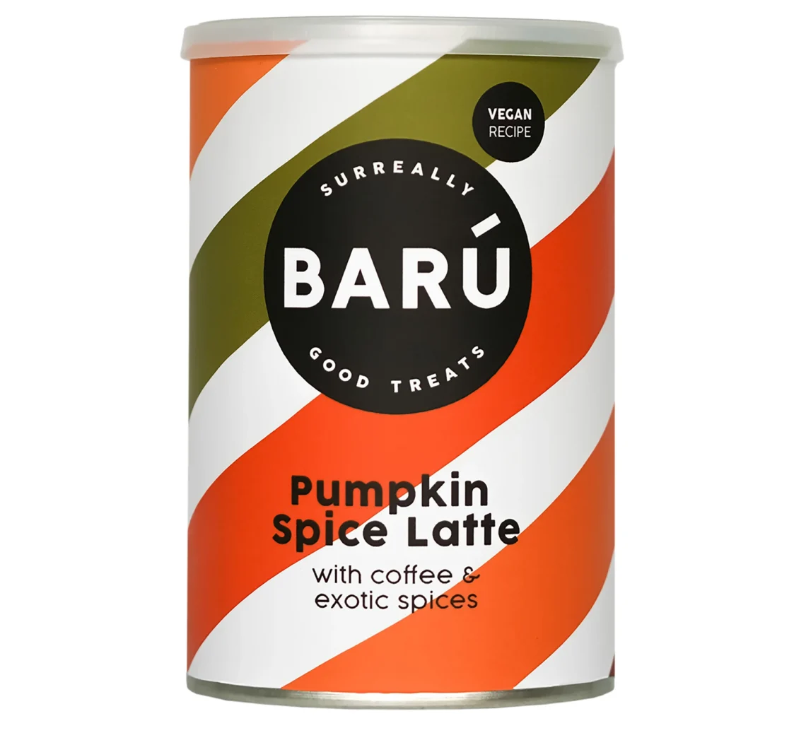 Barattolo in latta di Barú Pumpkin Spice Latte da 250 grammi con grafica autunnale e dettagli spezie