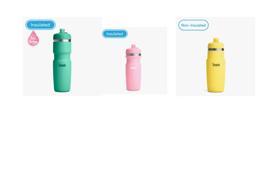 La gamma di borracce in acciaio inossidabile Bivo: Trio 620ml Aqua, Trio Mini 500ml Bubblegum e Bivo One 620ml Corn