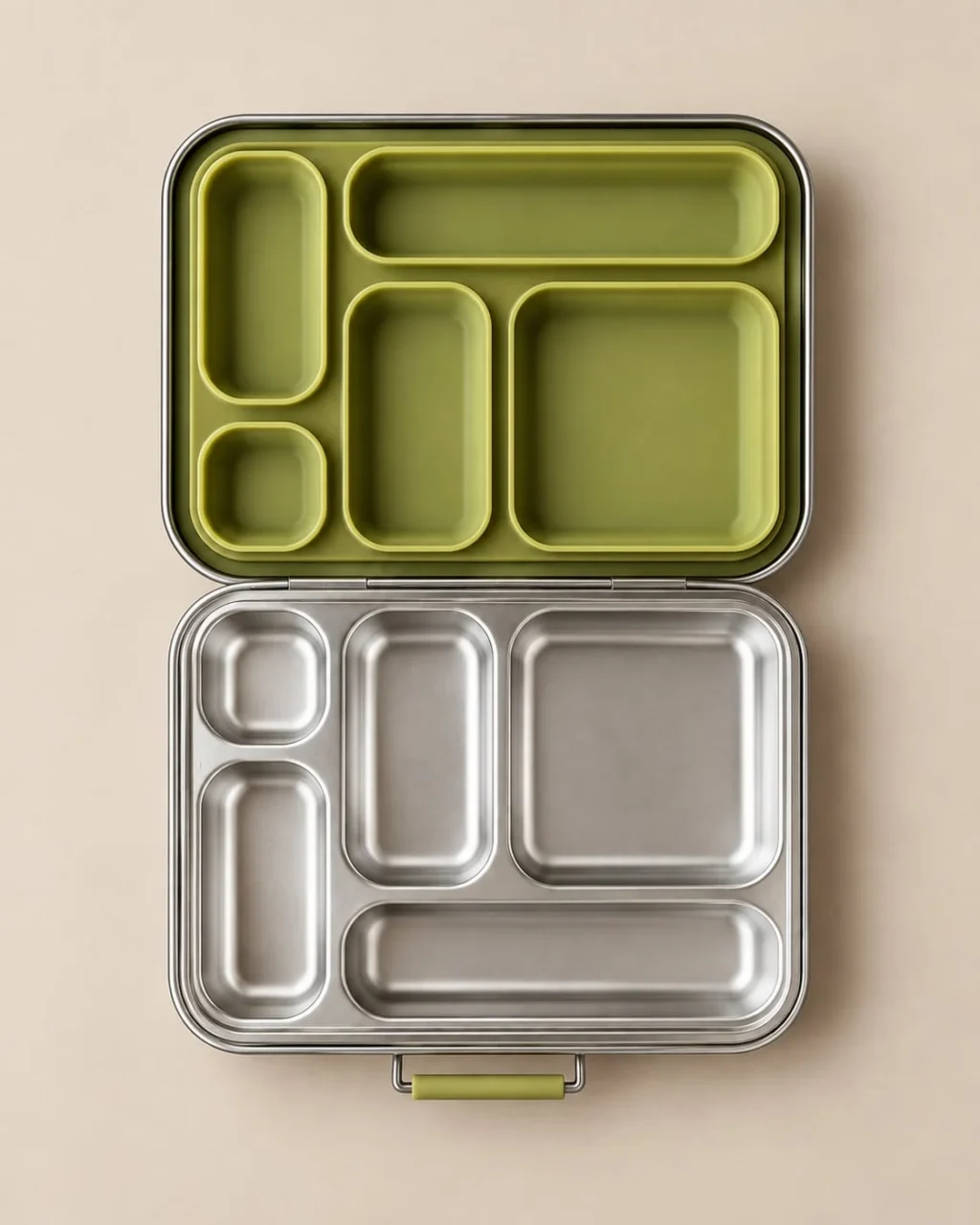 Bento box HAPS BOX in acciaio inox 18/8 aperta con inserto in silicone verde matcha a 5 scomparti