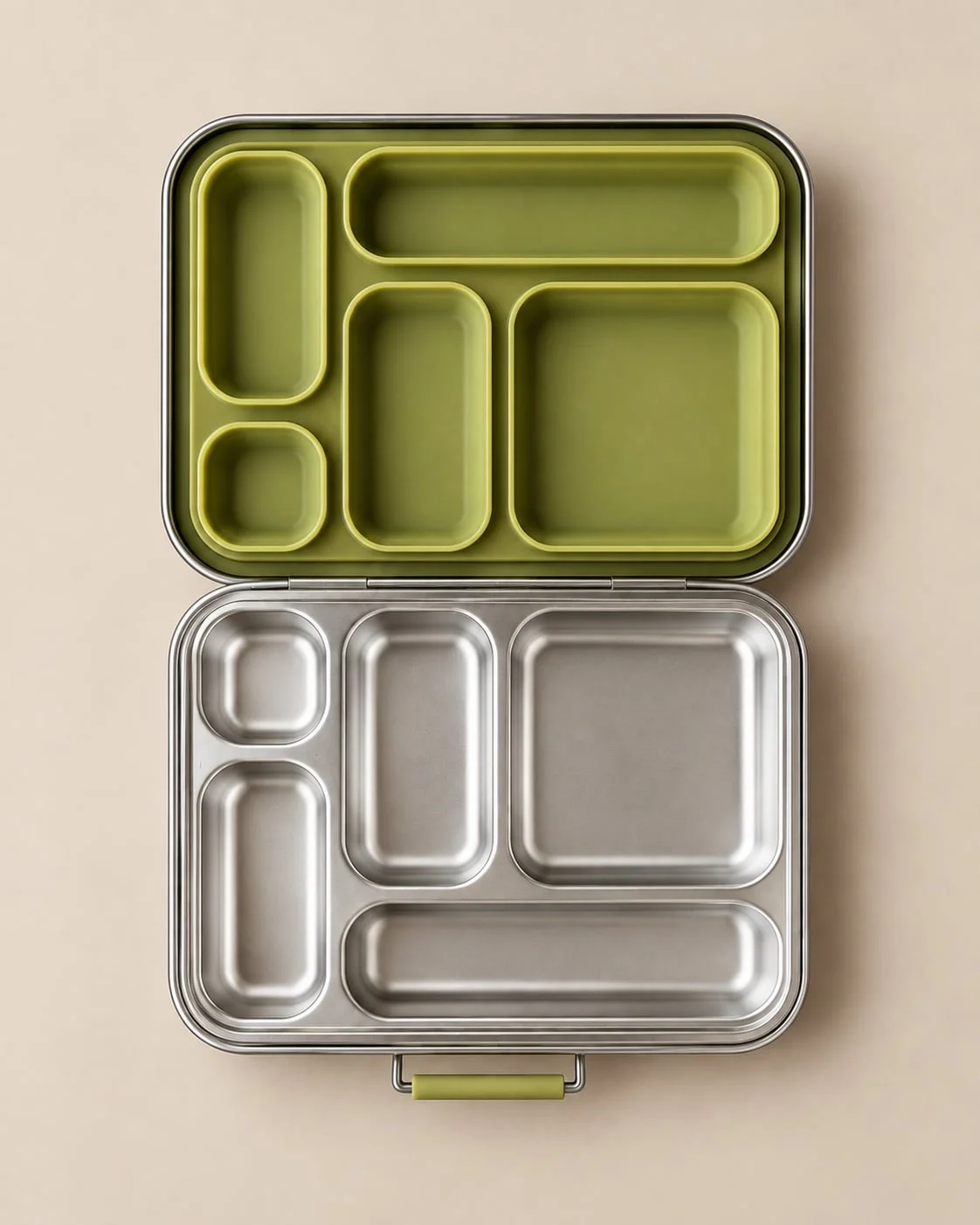Bento box HAPS BOX in acciaio inox 18/8 aperta con inserto in silicone verde matcha a 5 scomparti