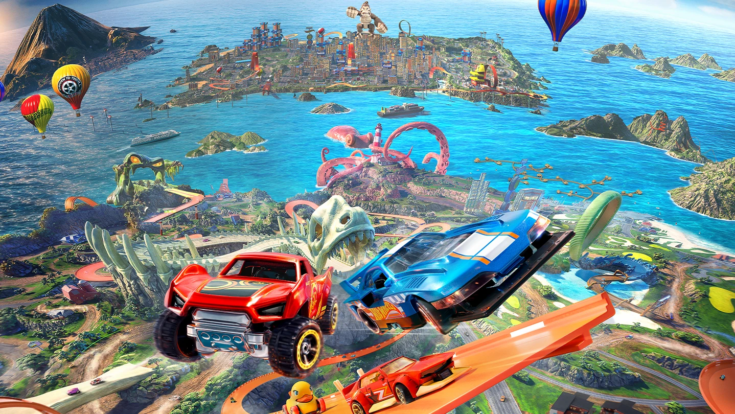 Artwork promozionale di HOT WHEELS Infinite Rush con le quattro isole tematiche e veicoli iconici