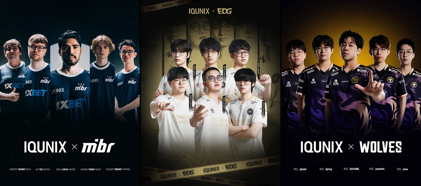 Panoramica delle partnership esportive di IQUNIX con MIBR, EDG e Wolves Esports