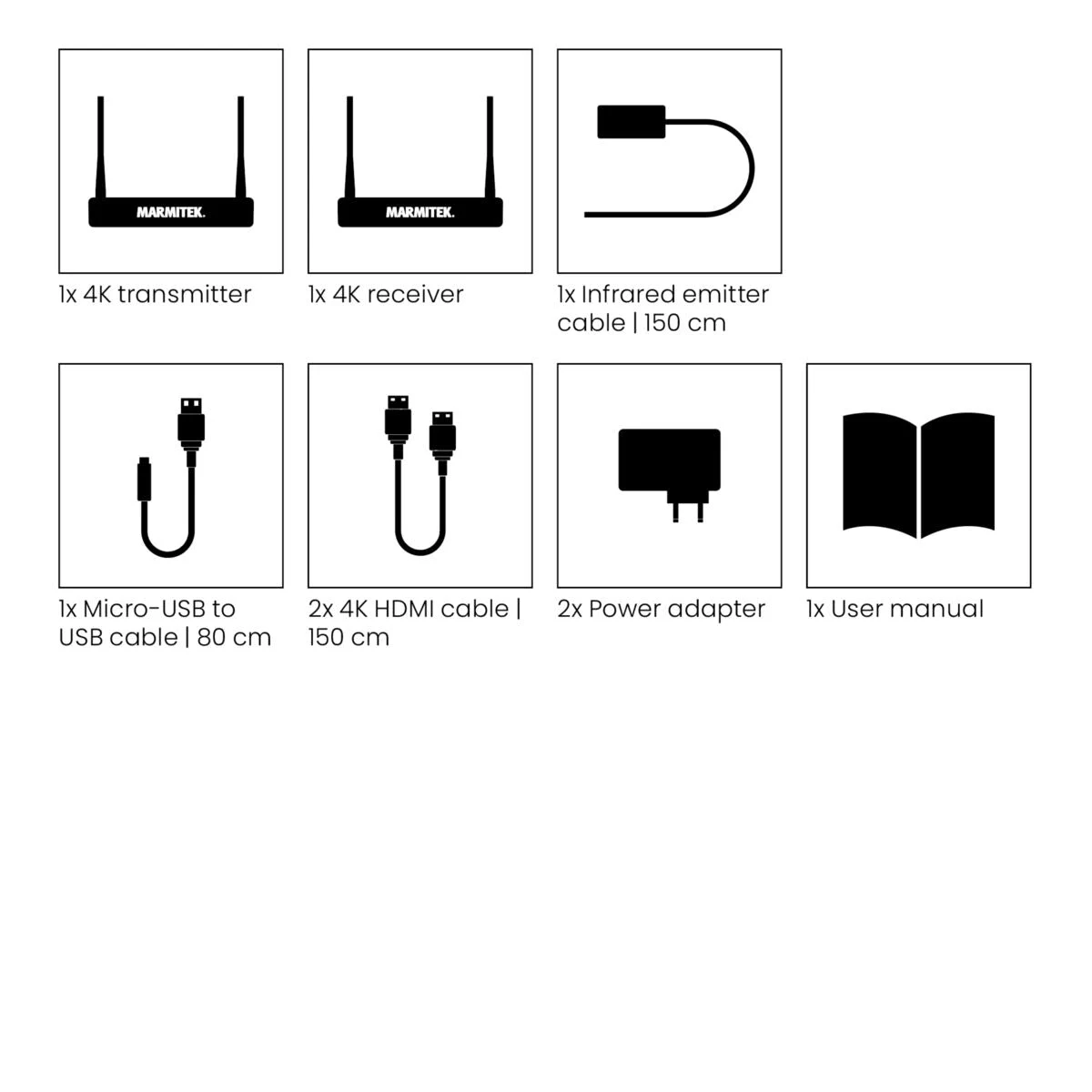 Tutti i componenti inclusi nella scatola: trasmettitore, ricevitore, due cavi HDMI 4K, cavo IR, cavo USB e alimentatori