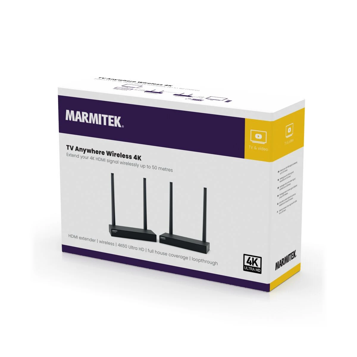 Scatola retail ufficiale di Marmitek TV Anywhere Wireless 4K con specifiche in evidenza