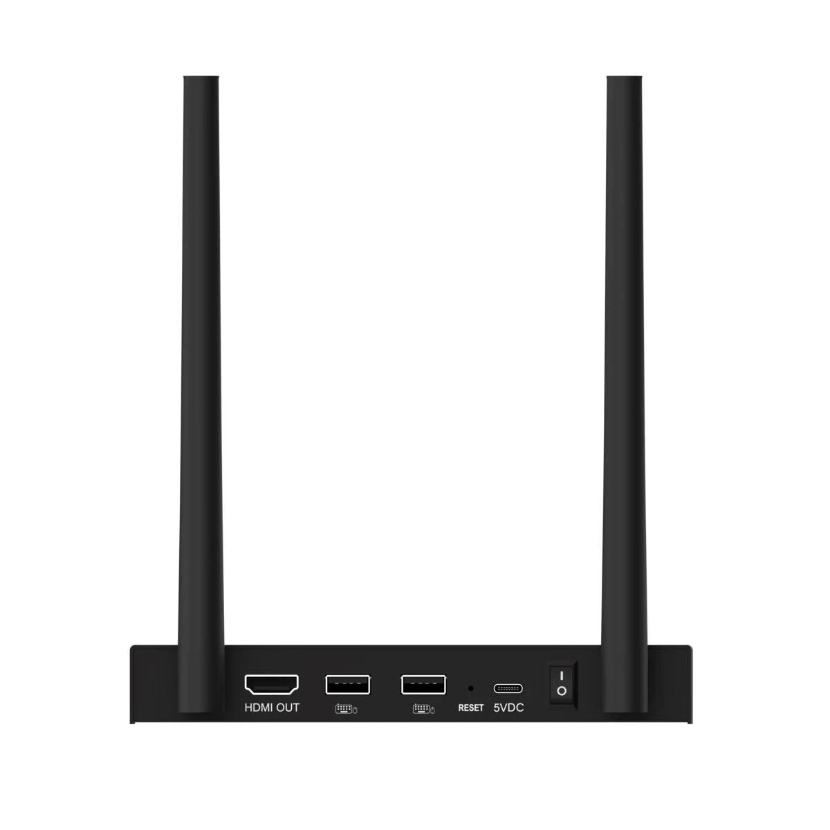 Vista posteriore del trasmettitore Marmitek TV Anywhere Wireless 4K con HDMI IN, HDMI OUT loopthrough, porta IR e micro-USB