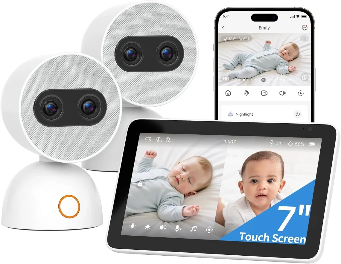 MeeYe Baby Monitor da 7 pollici con due telecamere dual-lens, unità genitore touchscreen e visualizzazione split screen
