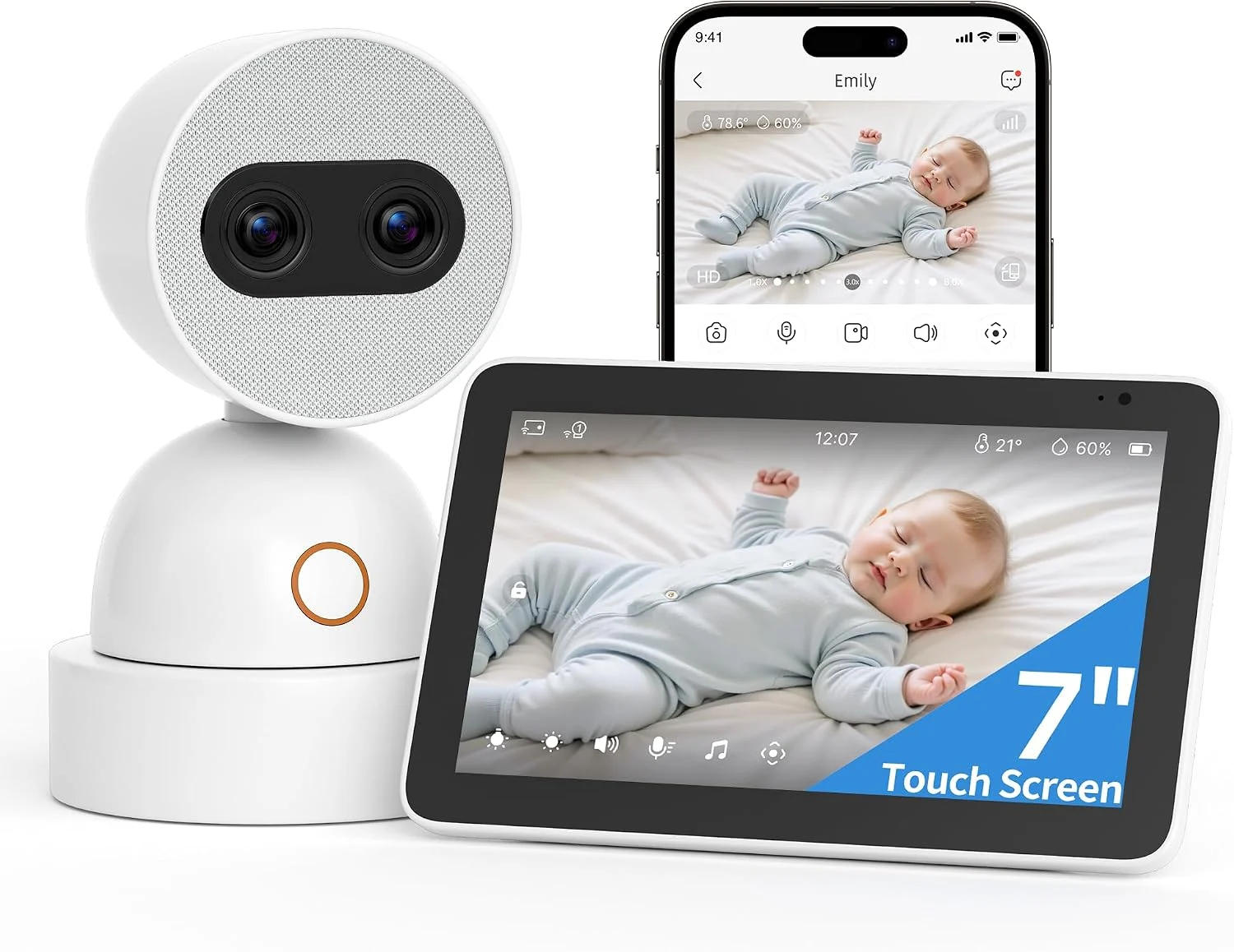Contenuto della scatola MeeYe con unità genitore, due telecamere, tre caricatori USB-C europei e staffe di montaggio