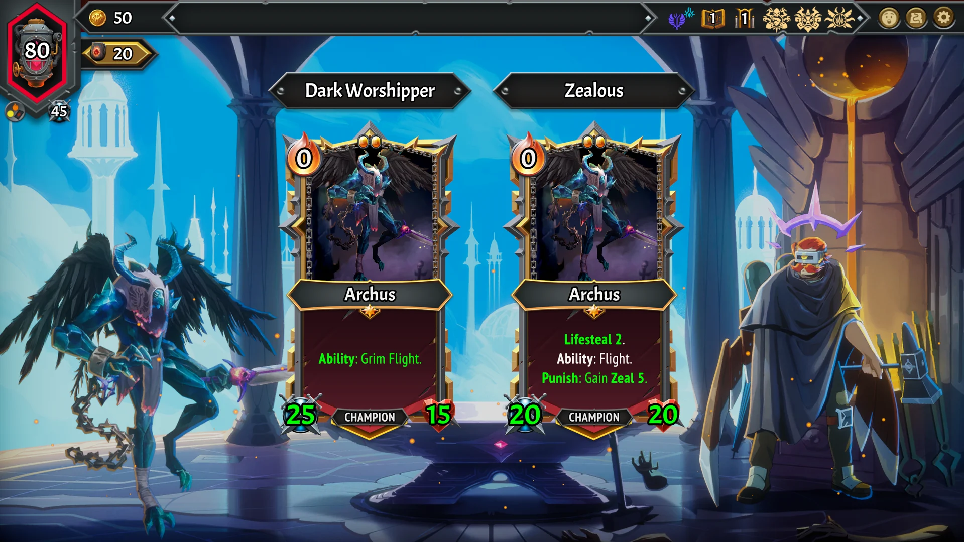 Schermata di potenziamento del campione Archus Darkness Incarnate nel clan The Punished