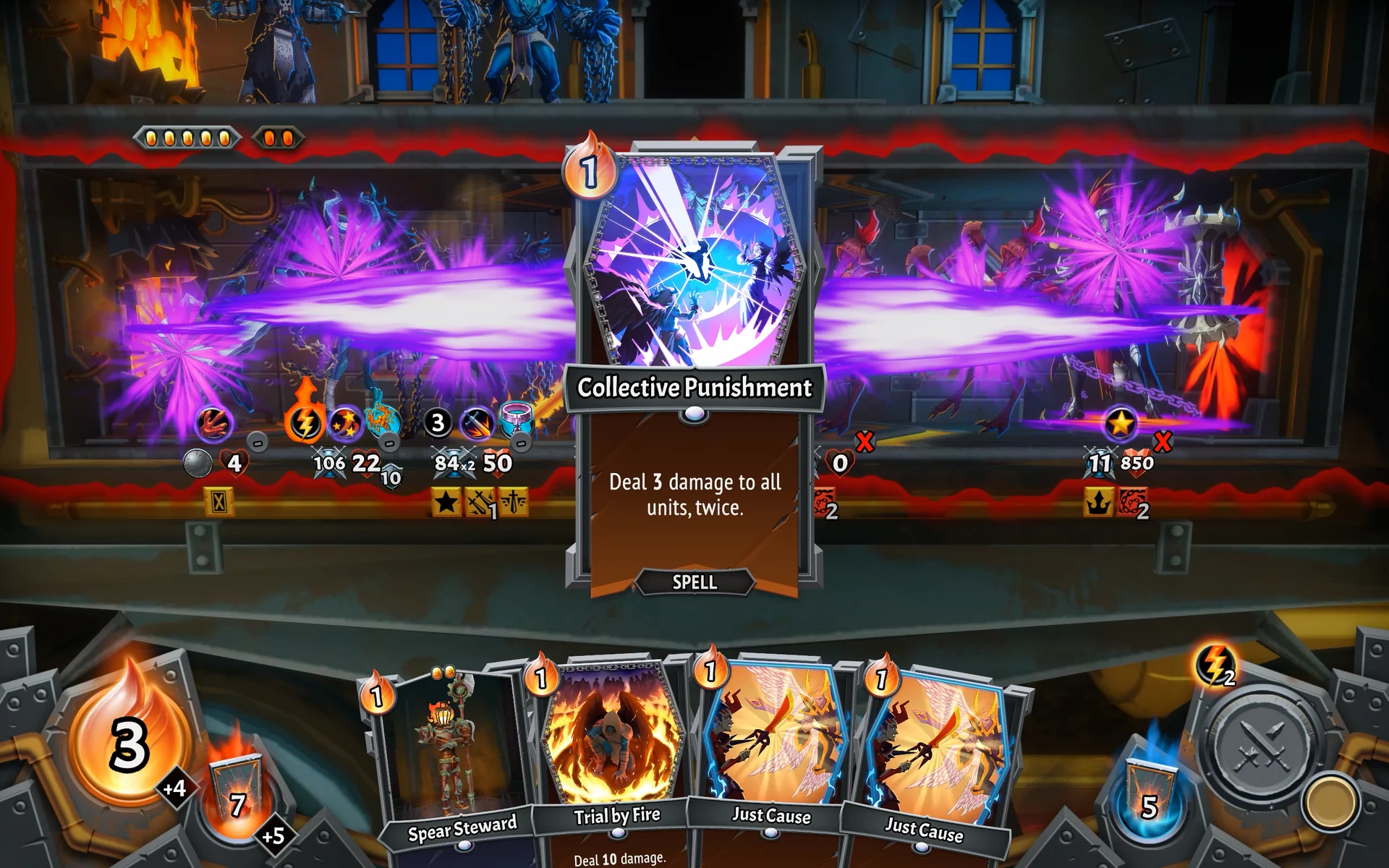 Schermata di battaglia tattica Collective Punishment su Monster Train 2