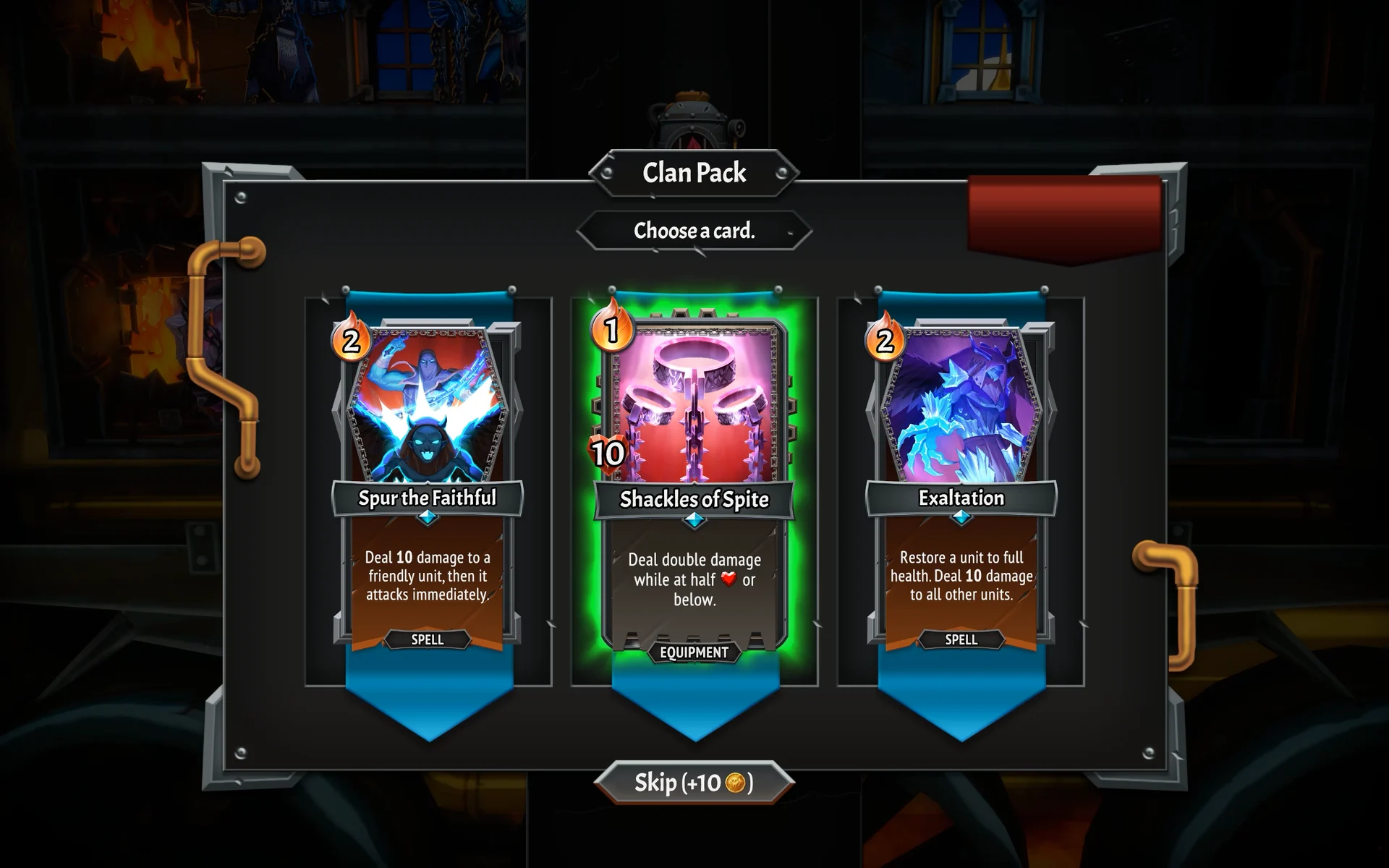 Schermata del Clan Pack The Punished con carte collezionabili e sacrifici al Monolito