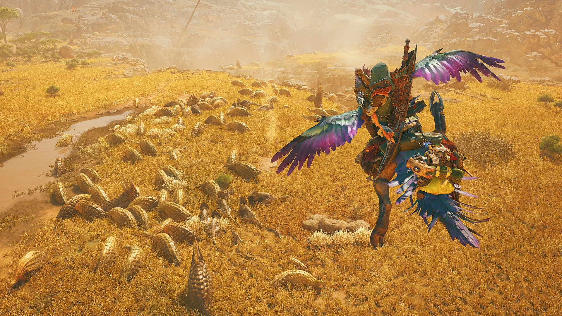 Cacciatore a cavallo della cavalcatura Seikret che attraversa le Pianure del Vento in Monster Hunter Wilds