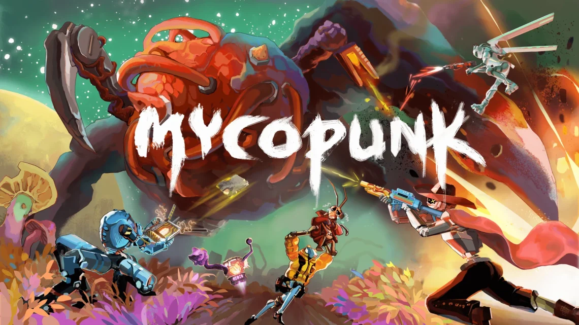 Artwork ufficiale di lancio di Mycopunk con la squadra di disinfestatori spaziali e il logo del gioco