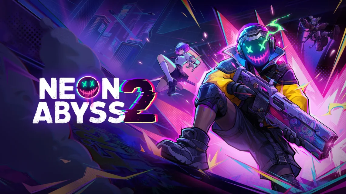 Artwork ufficiale di lancio di Neon Abyss 2 con gli Agenti armati e l'Abisso cyber-mitologico al neon