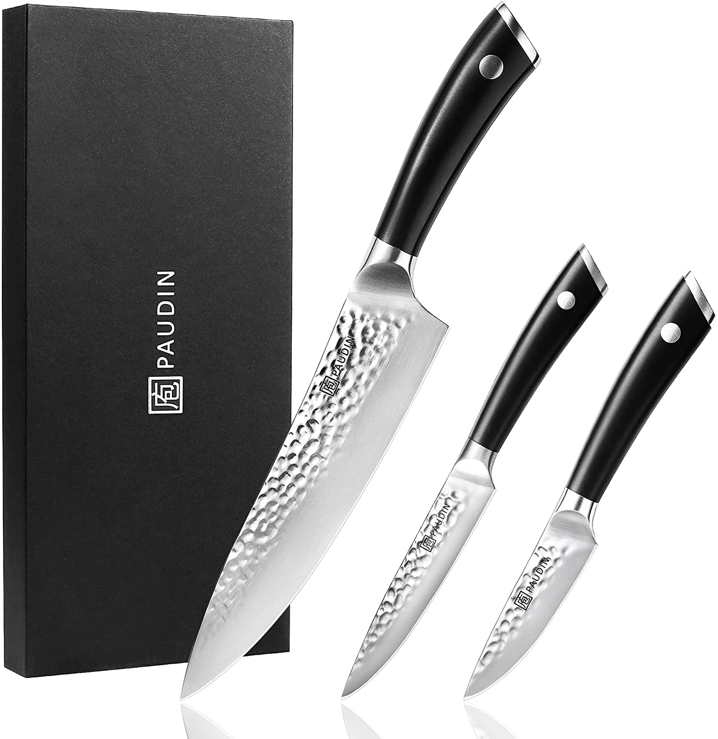 Tris di coltelli da cucina PAUDIN con lama martellata Tsuchime e manico ergonomico in Pakkawood