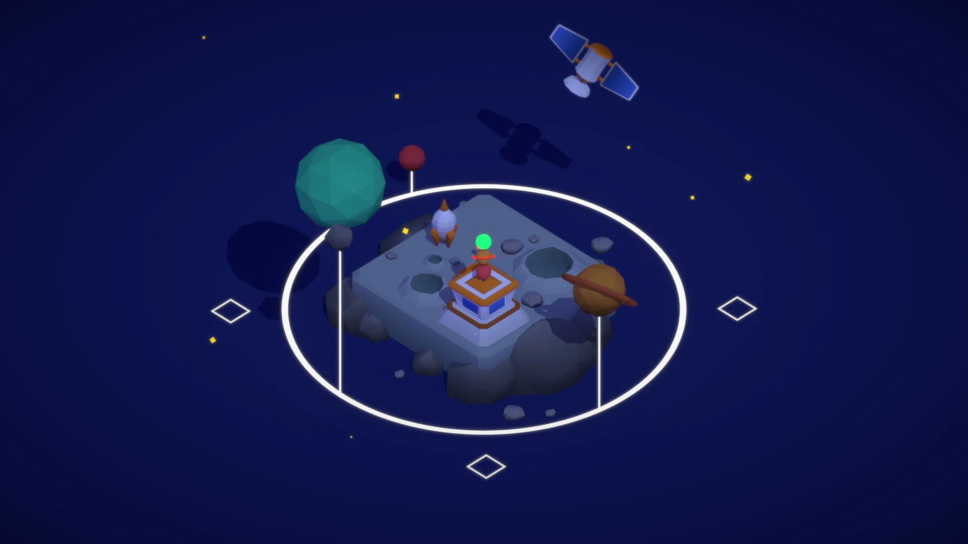 Diorama astronomico con pianeti in miniatura, orbite e un razzo pronto al decollo in Sizeable