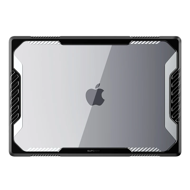 Custodia rugged SUPCASE Unicorn Beetle installata su MacBook Pro 14 pollici con schermo aperto e paraurti in TPU