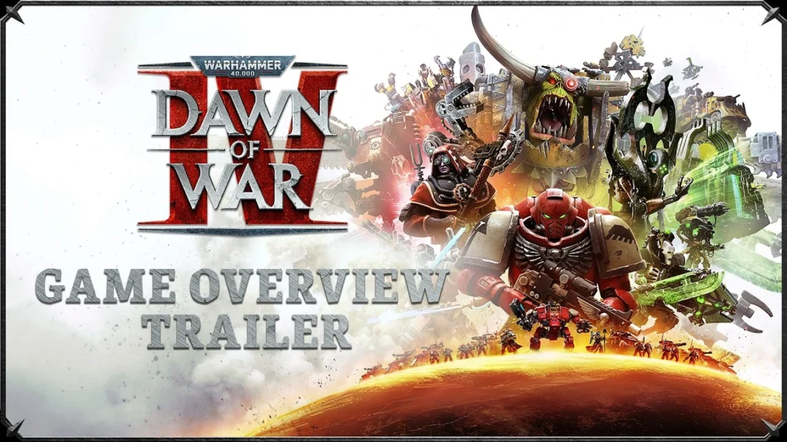 Artwork ufficiale del trailer di presentazione panoramica di Warhammer 40,000: Dawn of War IV con le quattro fazioni in guerra