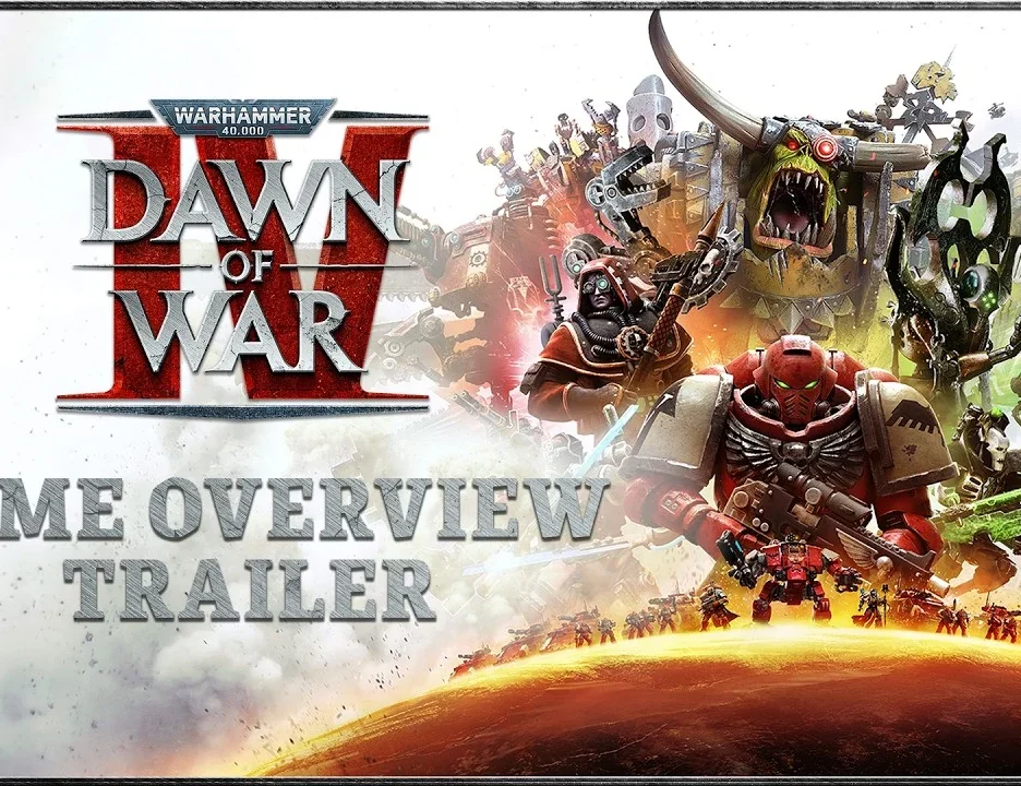 Artwork ufficiale del trailer di presentazione panoramica di Warhammer 40,000: Dawn of War IV con le quattro fazioni in guerra